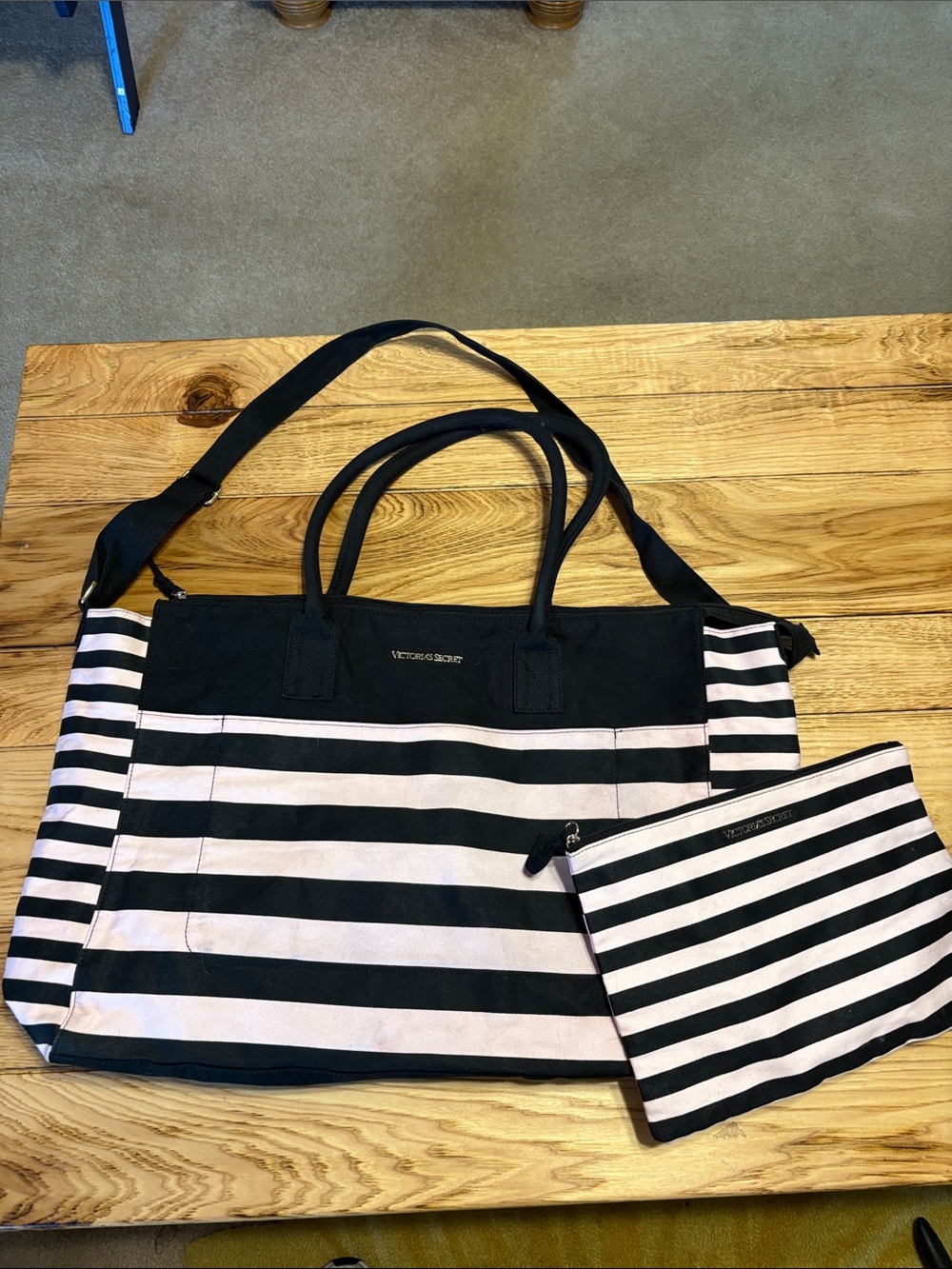 Victoria's Secret Large Black and Pink Striped duffel bag with Matching Pouch